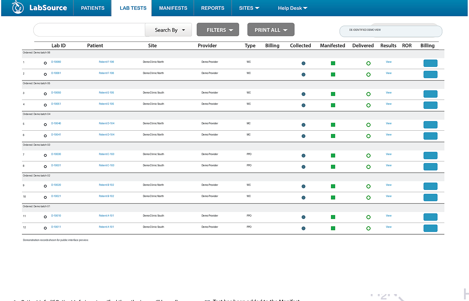 De-identified LabSource interface showing navigation, laboratory order details, and specimen workflow indicators